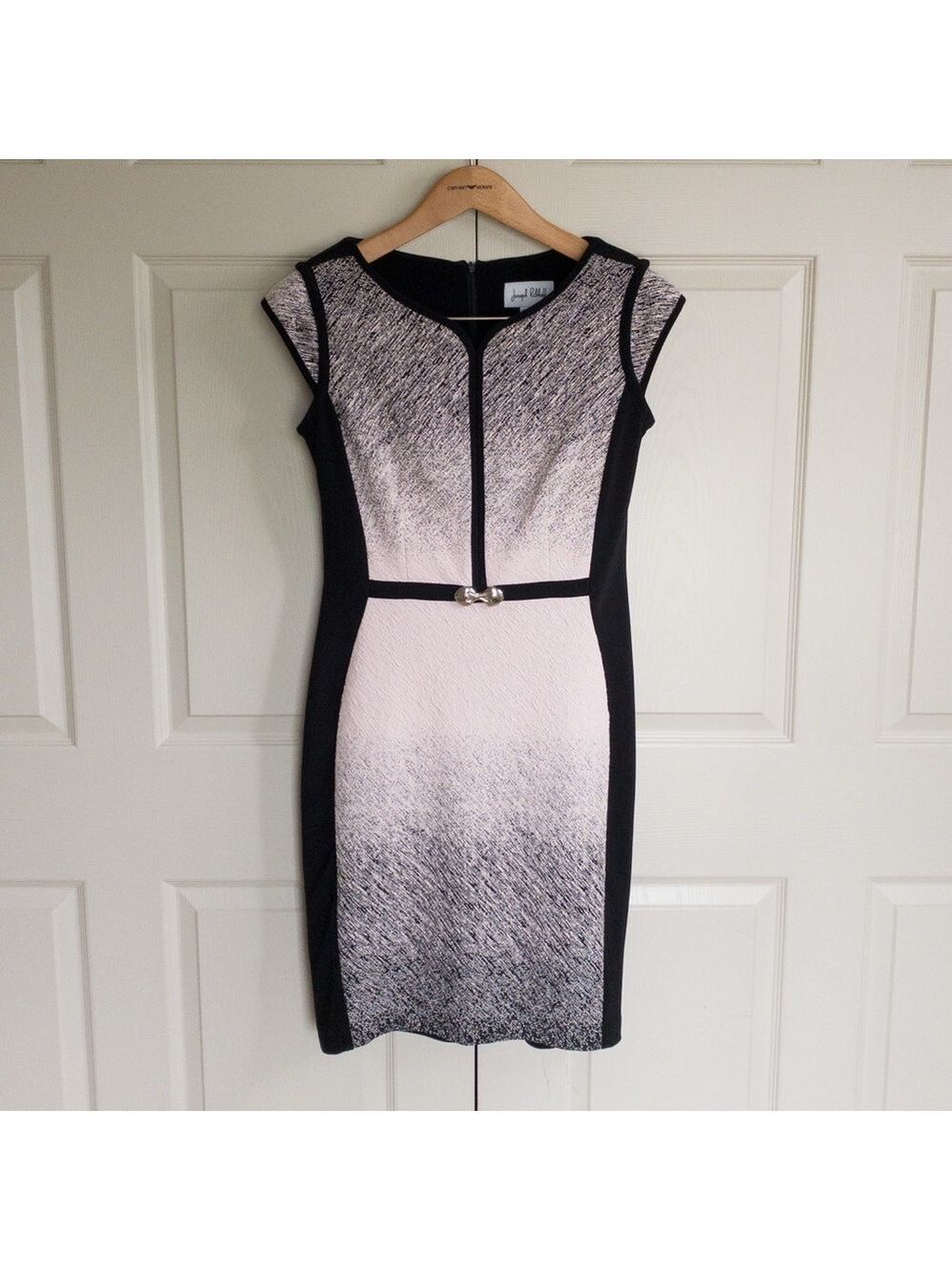 Joseph Ribkoff Black Pale Pink Fitted Sheath Midi Knit Dress Womens Size 12